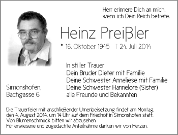 Traueranzeige von Heinz Preißler von Pegnitz-Zeitung